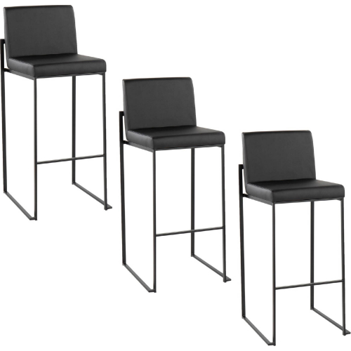Fuji 30" High Back Bar Stool in Black Steel & Black Leatherette (Set of 3)